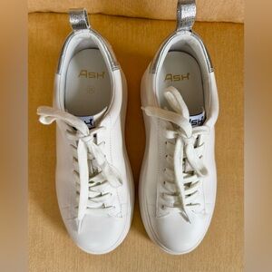 Ash - White Platform Sneakers with Silver Leather Accent